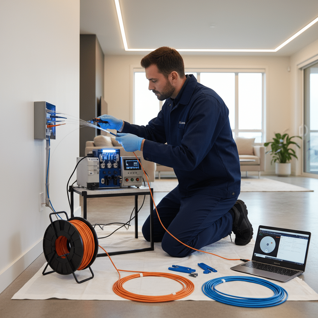 A technician in a blue uniform kneels on the floor to splice fiber optic cables connected to a wall-mounted distribution box.